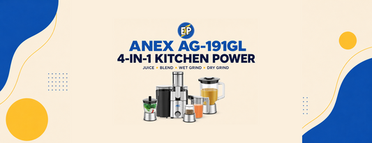 Anex AG-191GL 4-in-1 juicer blender grinder with attachments on an ElectroPlanet blue, yellow and cream article banner