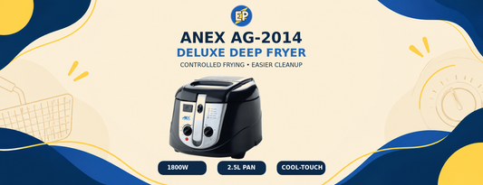 Anex AG-2014 Deluxe Deep Fryer in an ElectroPlanet cream, blue and yellow guide banner highlighting 1800W power, 2.5-litre pan and cool-touch body