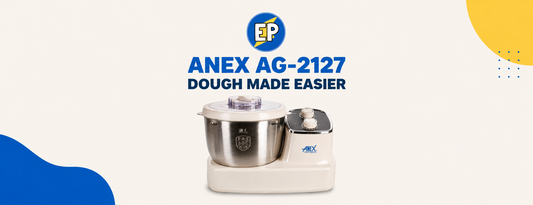Anex AG-2127 dough maker with 5-litre stainless-steel bowl in an ElectroPlanet blue and yellow banner