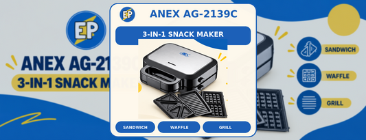 Anex AG-2139C silver and black 3-in-1 sandwich maker with sandwich, waffle and grill plates in ElectroPlanet branding