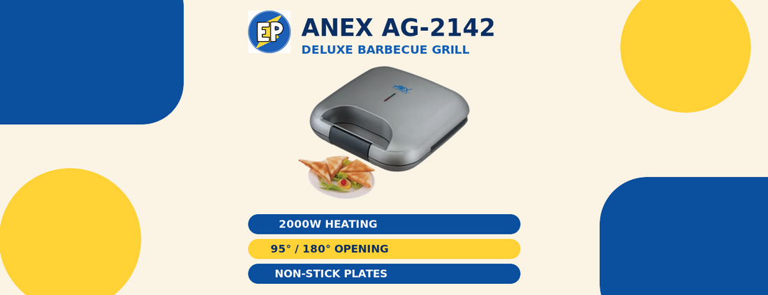 Anex AG-2142 barbecue grill with 2000W heating, dual opening positions and non-stick plates