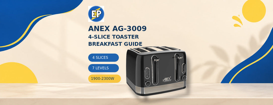 Anex AG-3009 four-slice toaster guide highlighting seven browning levels and 1900–2300W power