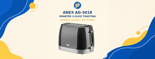 Anex AG-3018 black two-slice toaster with ElectroPlanet branded guide headline
