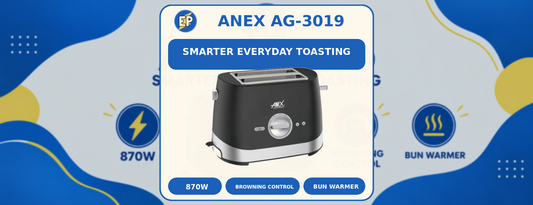 Anex AG-3019 black and silver two-slice toaster with 870W, browning control and bun warmer features in ElectroPlanet branding