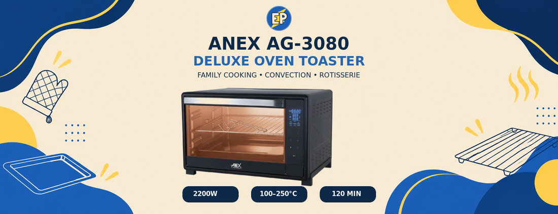 Anex AG-3080 Deluxe Oven Toaster in an ElectroPlanet cream, blue and yellow guide banner highlighting 2200W heating, temperature control and timer