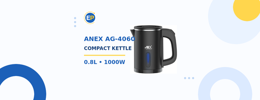Anex AG-4060 compact 0.8 litre 1000W kettle in an ElectroPlanet blue and yellow article banner