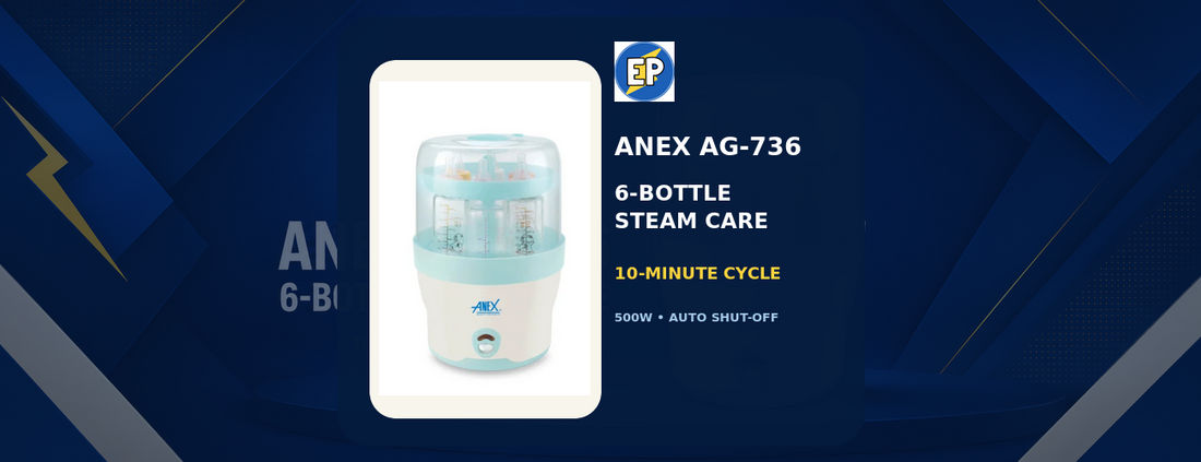 Anex AG-736 six-bottle steam sterilizer in a blue and yellow ElectroPlanet article banner