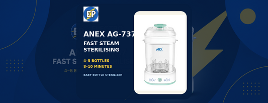 Anex AG-737 baby bottle sterilizer in a blue and yellow ElectroPlanet article banner