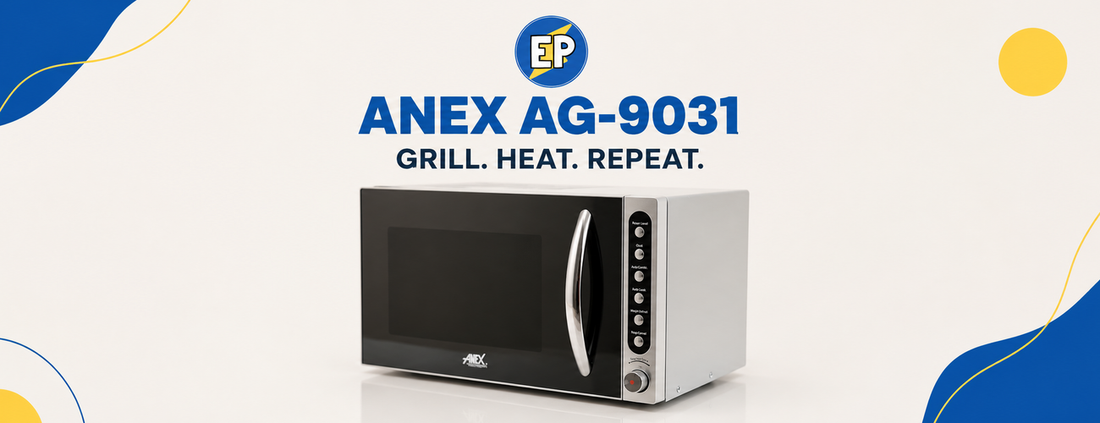 Anex AG-9031 grill microwave oven in an ElectroPlanet blue, yellow and cream article banner