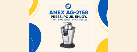 Anex AG-2158 stainless-steel citrus juicer on a cream ElectroPlanet article banner with blue and yellow accents