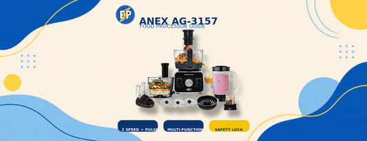 Anex AG-3157 food processor bundle with two-speed, pulse and safety-lock feature labels