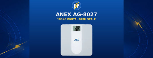 Anex AG-8027 digital bath scale with LCD display in a blue and yellow ElectroPlanet article banner