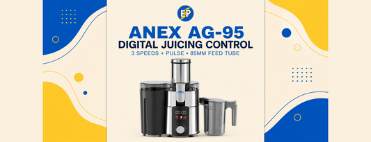 Anex AG-95 digital juicer and juice jug on a cream ElectroPlanet article banner with blue and yellow accents