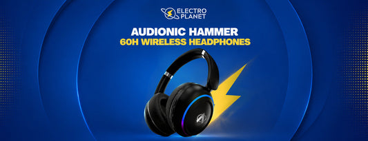 Audionic Hammer wireless headphones with RGB earcup lighting on an ElectroPlanet blue and yellow article hero