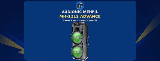 Audionic Mehfil MH-1212 Advance dual 12-inch tower speaker in an ElectroPlanet blue and yellow article banner