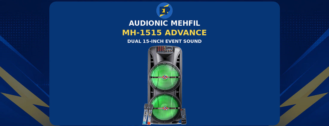 Audionic Mehfil MH-1515 Advance dual 15-inch tower speaker with two wireless microphones and remote in an ElectroPlanet banner