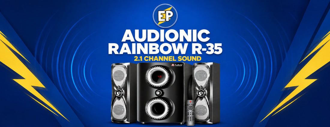 Audionic Rainbow R-35 2.1-channel speaker system with subwoofer, two satellites and remote in an ElectroPlanet article banner