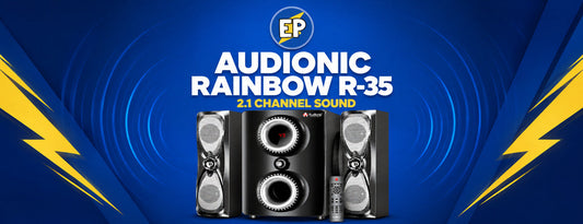 Audionic Rainbow R-35 2.1-channel speaker system with subwoofer, two satellites and remote in an ElectroPlanet article banner