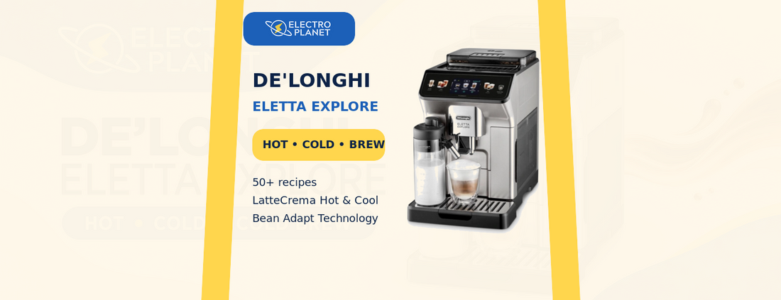 De’Longhi Eletta Explore ECAM450.65 silver coffee machine in an ElectroPlanet branded guide banner