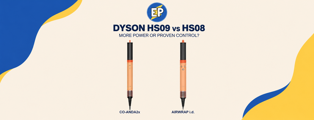 Dyson Airwrap Co-anda2x HS09 and Airwrap i.d. HS08 Ceramic Apricot Topaz comparison in an ElectroPlanet banner