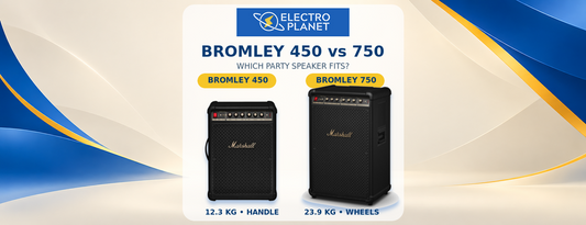 Marshall Bromley 450 and Bromley 750 party speakers compared in an ElectroPlanet blue, yellow and cream banner