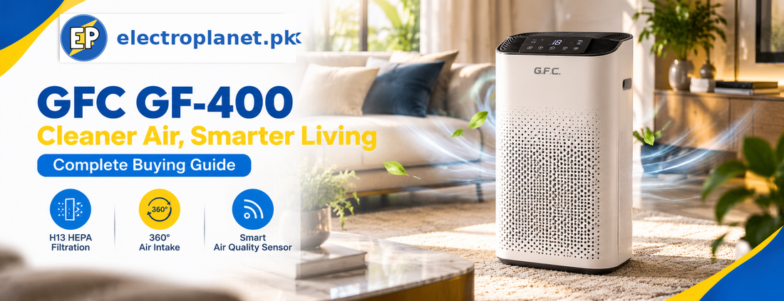 ElectroPlanet EP branded GFC GF-400 air purifier guide, H13 HEPA filtration, 360-degree air intake and air quality sensing