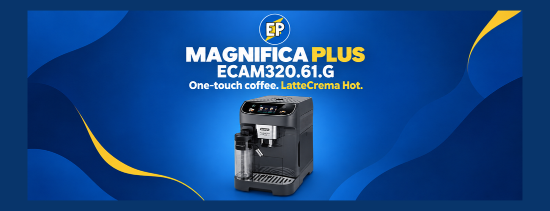 De’Longhi Magnifica Plus ECAM320.61.G grey automatic coffee machine with LatteCrema Hot milk carafe, beneath the ElectroPlanet EP logo on a blue and yellow banner.