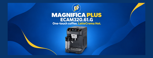 De’Longhi Magnifica Plus ECAM320.61.G grey automatic coffee machine with LatteCrema Hot milk carafe, beneath the ElectroPlanet EP logo on a blue and yellow banner.
