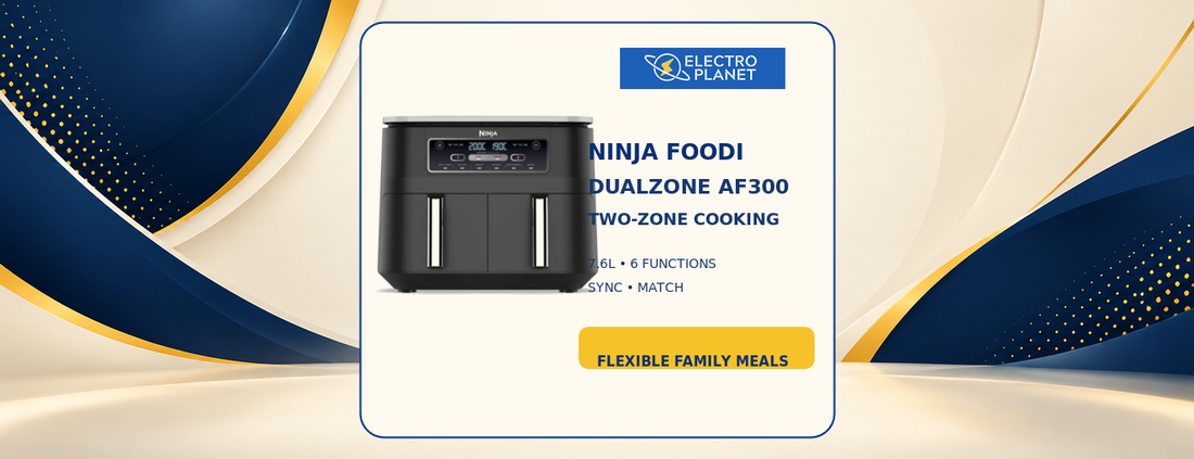 Ninja Foodi DualZone AF300 air fryer guide with two-zone cooking, 7.6L capacity and SYNC/MATCH controls