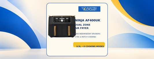 Ninja Foodi MAX Dual Zone AF400UK air fryer with two drawers in an ElectroPlanet blue, cream and yellow article banner