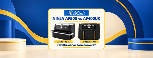 Ninja AF500 FlexDrawer 10.4L versus AF400UK 9.5L twin-drawer air fryers in ElectroPlanet blue and yellow branding; appearances follow store photographs.