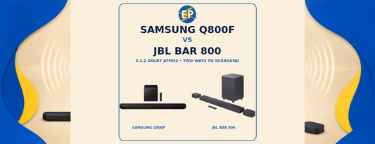 Samsung HW-Q800F and JBL Bar 800 soundbar systems compared on a cream ElectroPlanet banner with blue and yellow accents