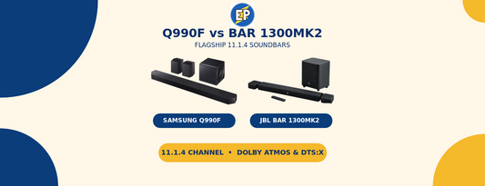 Samsung HW-Q990F and JBL Bar 1300MK2 flagship 11.1.4 soundbar systems compared